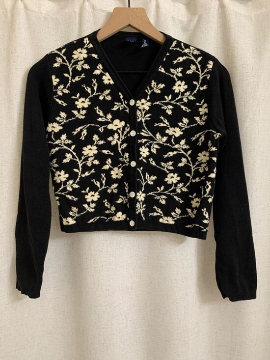 GAP Sweaters - GAP 100% Cotton Heavy Weight Cropped Black Cream Floral Button Cardigan Small